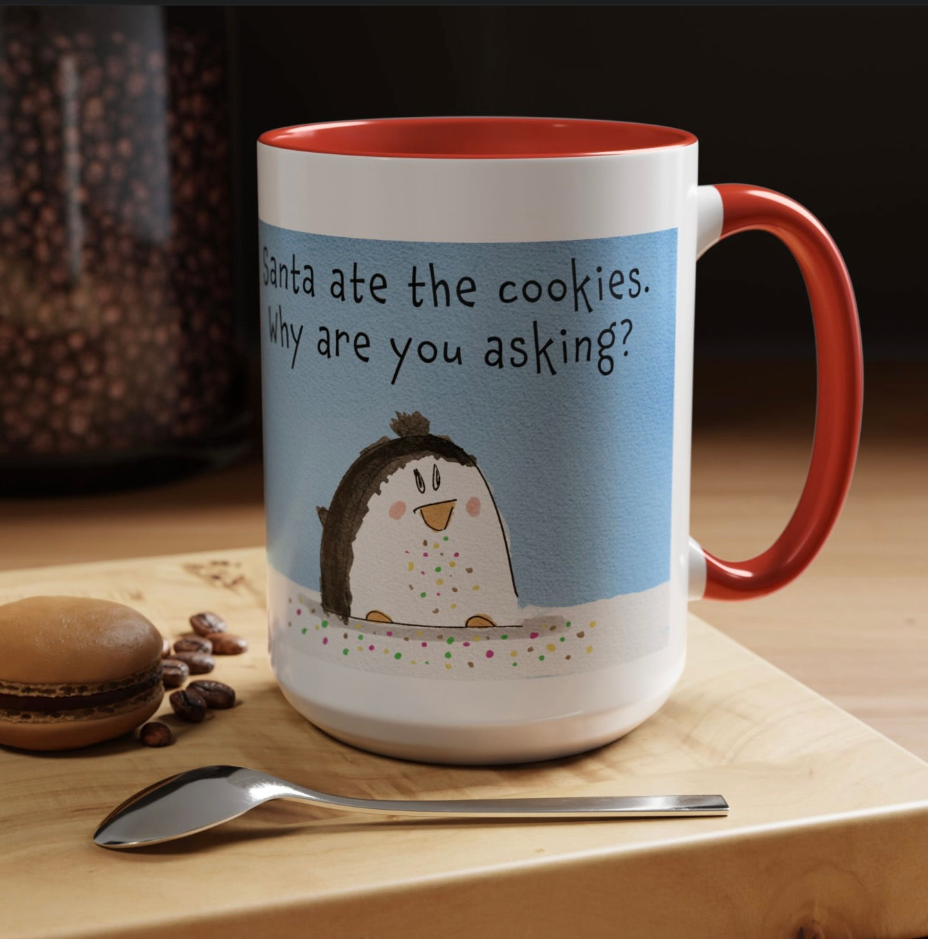 Christmas Holiday Season Coffee Mug With A Funny Penguin and Santa's cookies 11 oz and 15 oz