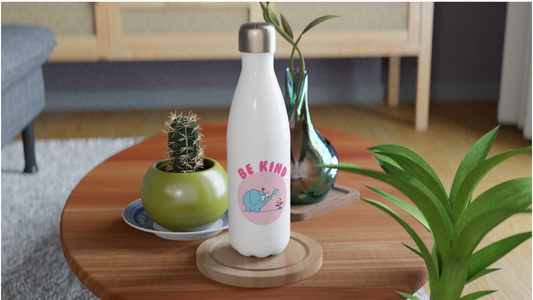 Be Kind Blue Elephant And Flowers White Stainless Steel Water Bottle 17oz