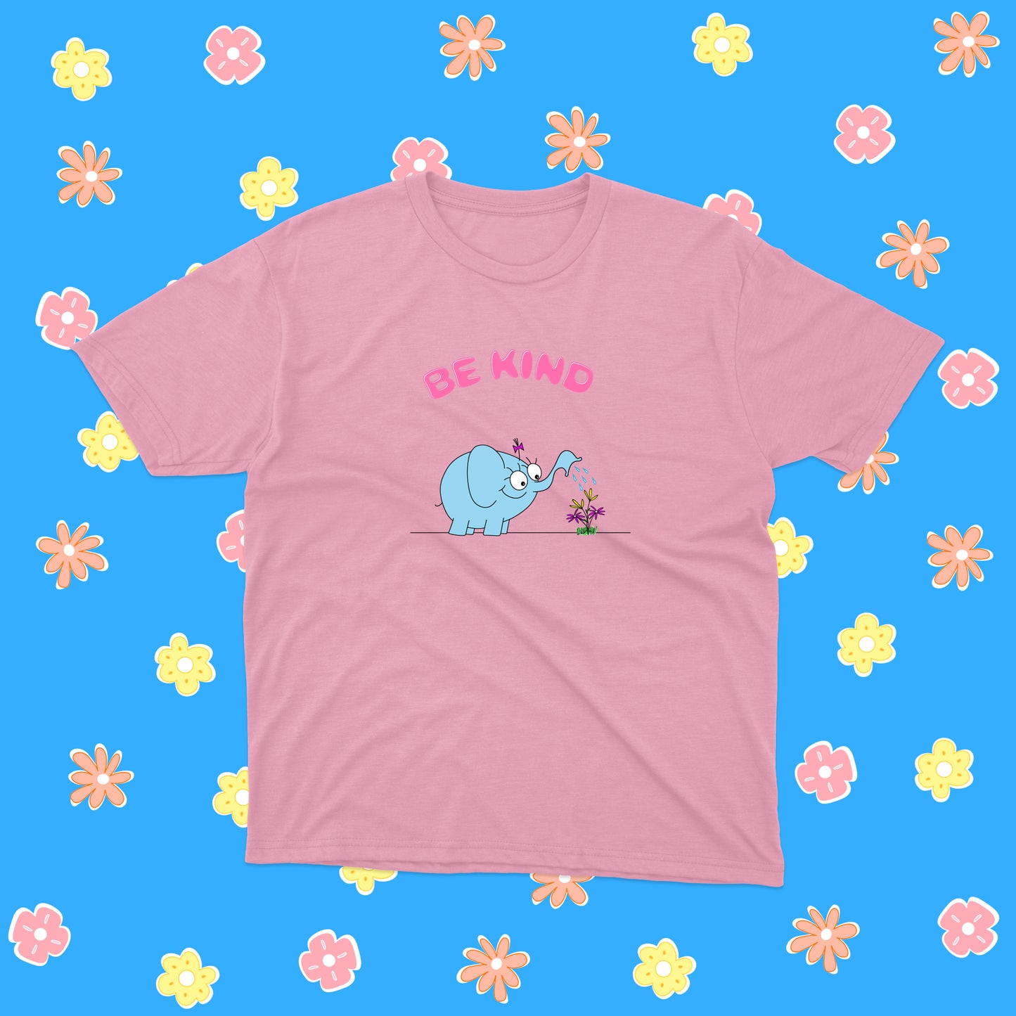 Be Kind Blue Elephant Watering Beautiful Flowers In The Garden pink white cotton shirt for girls