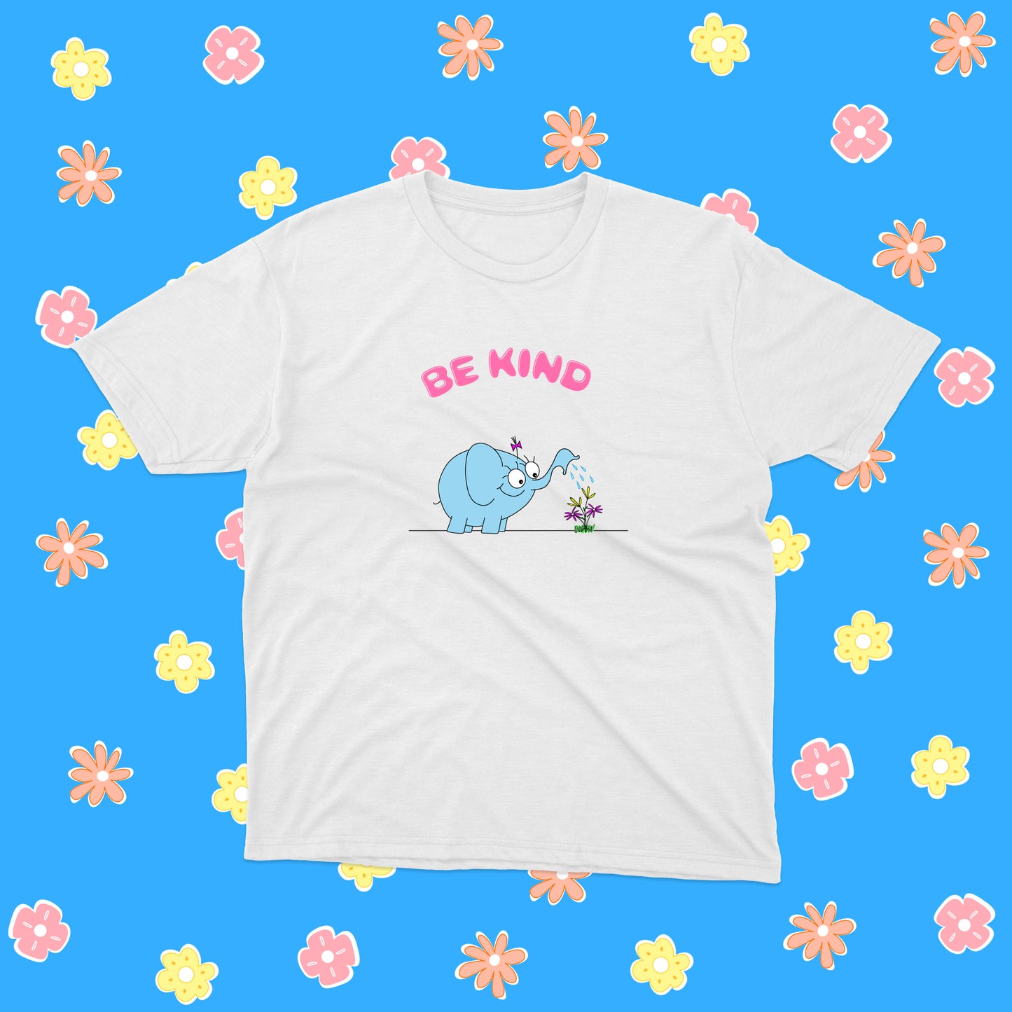 Be Kind Blue Elephant Watering Beautiful Flowers In The Garden pink white cotton shirt for girls