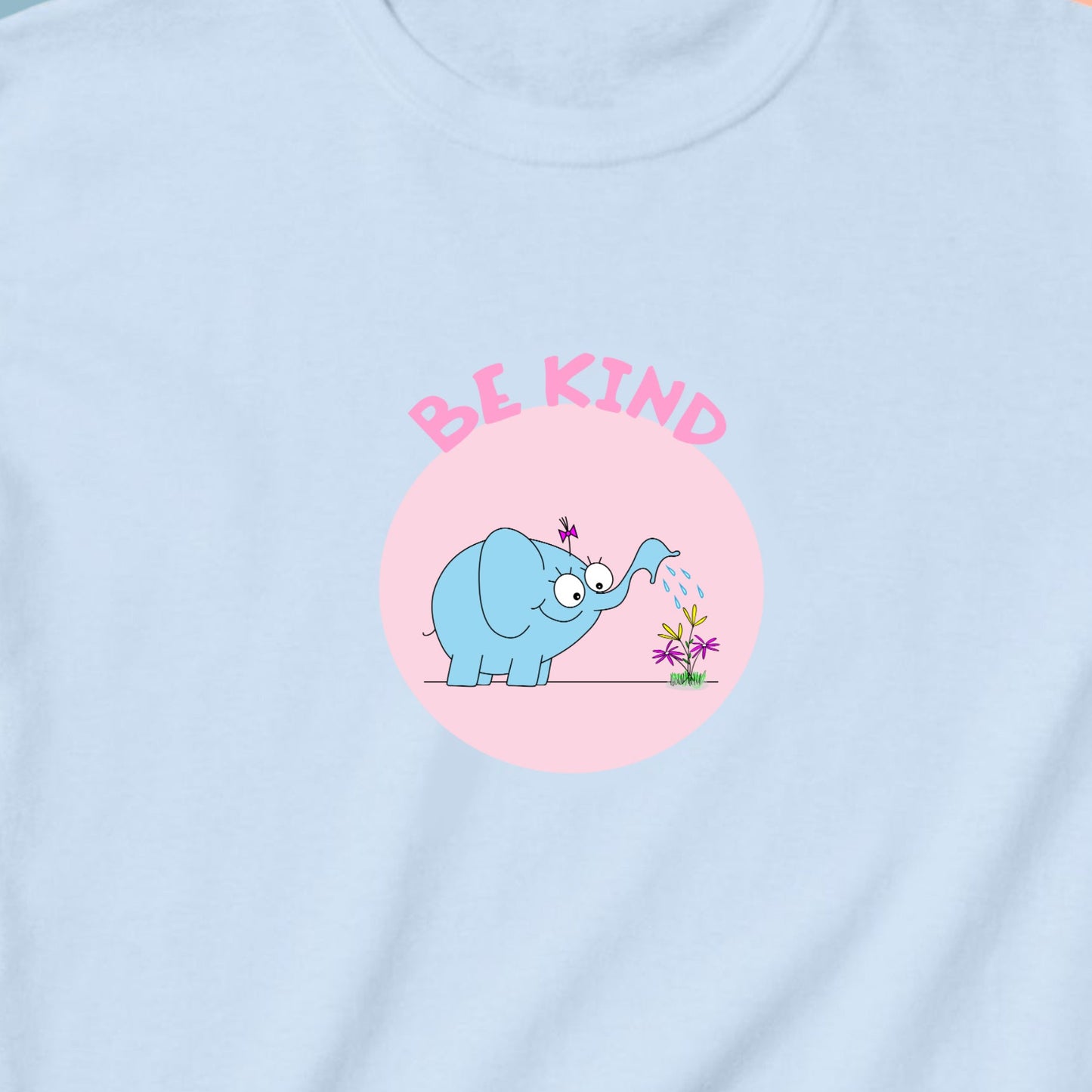 Cute Blue Elephant Watering Beautiful Flowers In The Garden Be Kind soft cotton t-shirt for pre-teen or teenage girls