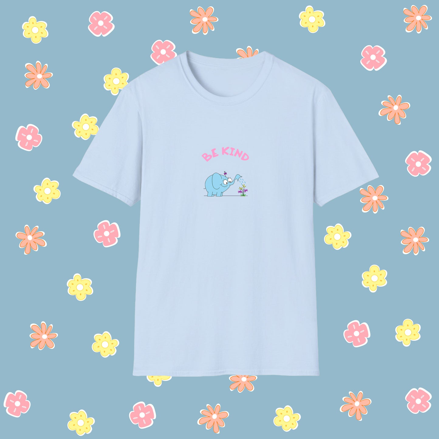 Women’s T-Shirt With Cute Elephant Positive Message Be Kind cotton white blue red colors