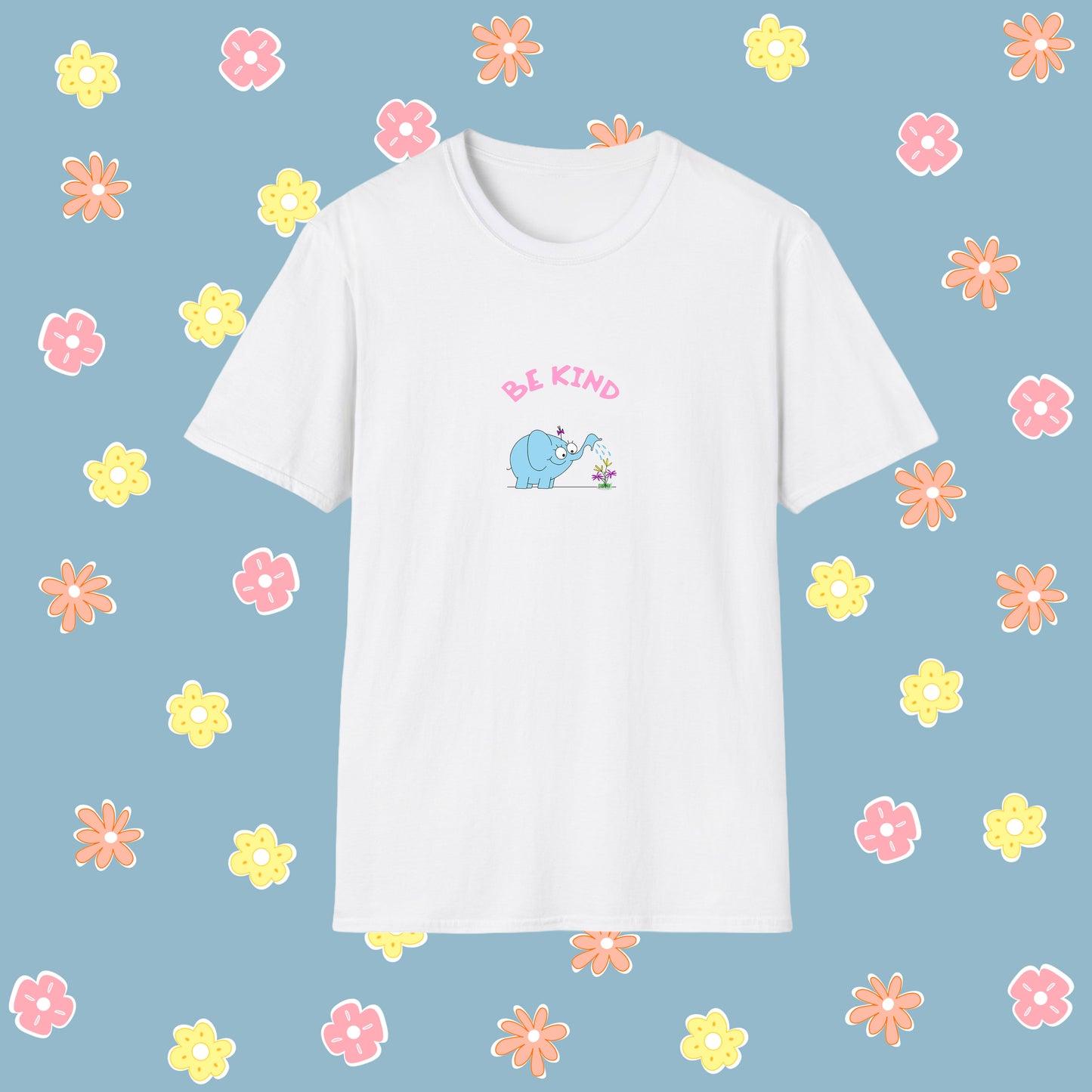 Women’s T-Shirt With Cute Elephant Positive Message Be Kind cotton white blue red colors