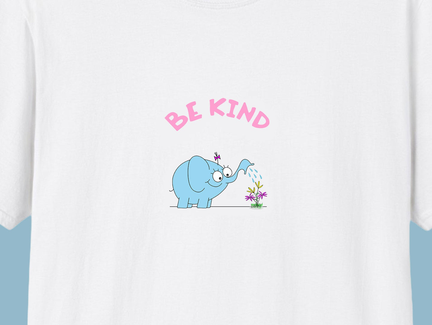 Women’s T-Shirt With Cute Elephant Positive Message Be Kind cotton white blue red colors
