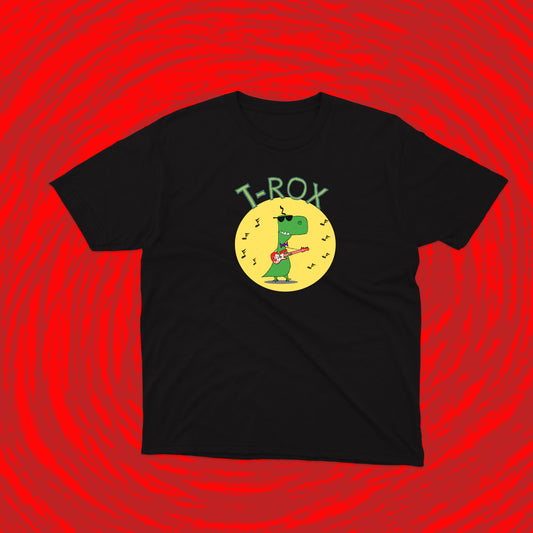 The Cool Teenage T-Rex With Sunglasses Playing Rock Music on a Red Electric Guitar pre-teen and teen boys Cotton T-shirt