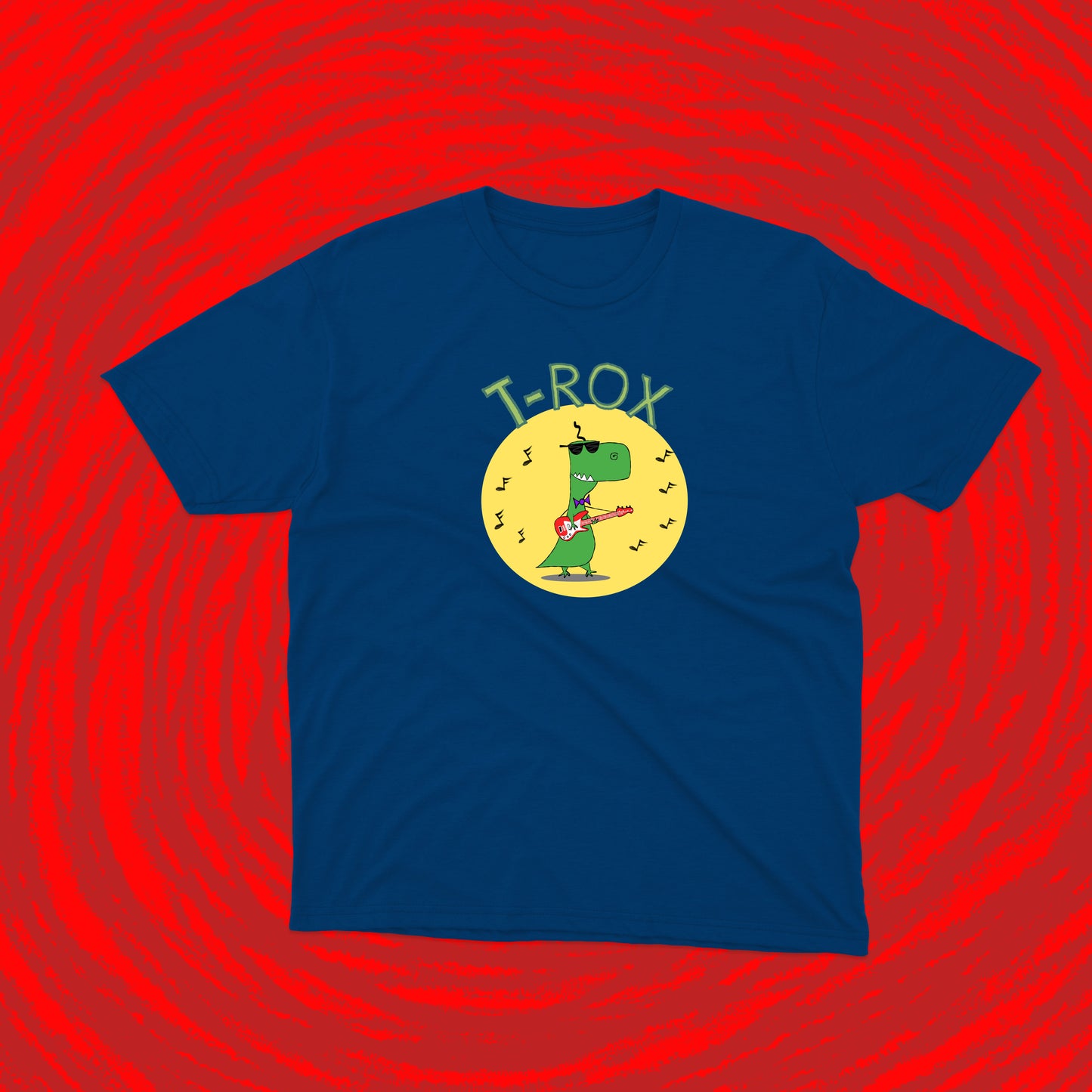 The Cool Teenage T-Rex With Sunglasses Playing Rock Music on a Red Electric Guitar pre-teen and teen boys Cotton T-shirt