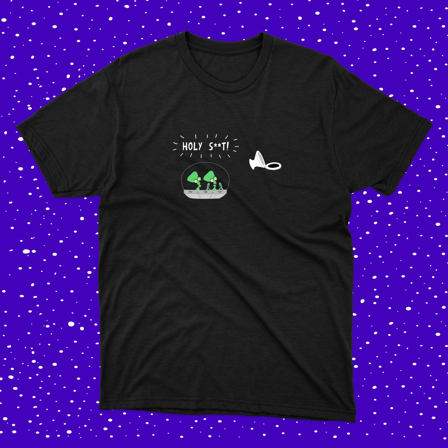 UFO With Funny Aliens And Toilet Seat In Space Holy Shit Joke Black Unisex Jersey Short Sleeve Cotton T-shirt