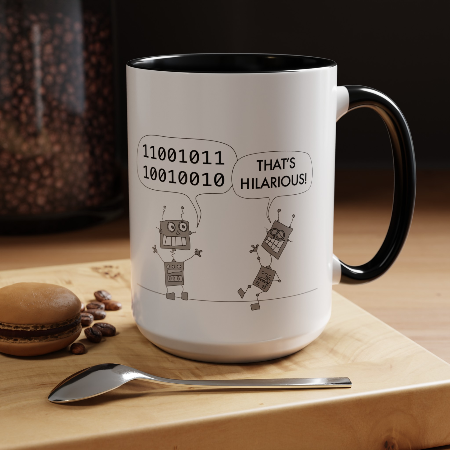 2 Funny Robots Walk In A Bar Hilarious Joke With Coding And Artificial Intelligence Humor accented coffee mug 11oz and 15oz