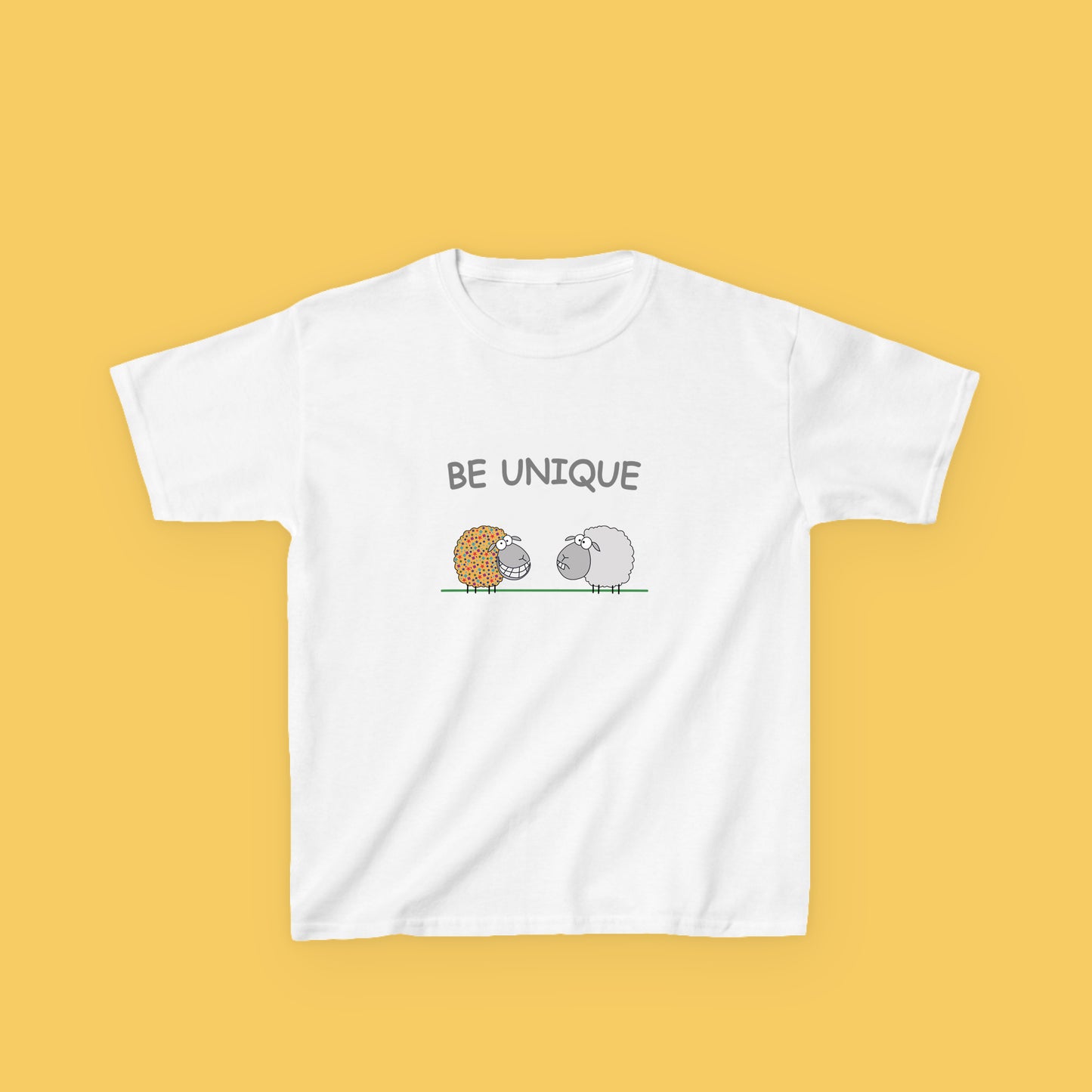 Cotton Shirt with Colorful Cute Sheep And Inspirational Message Be Unique Illustration