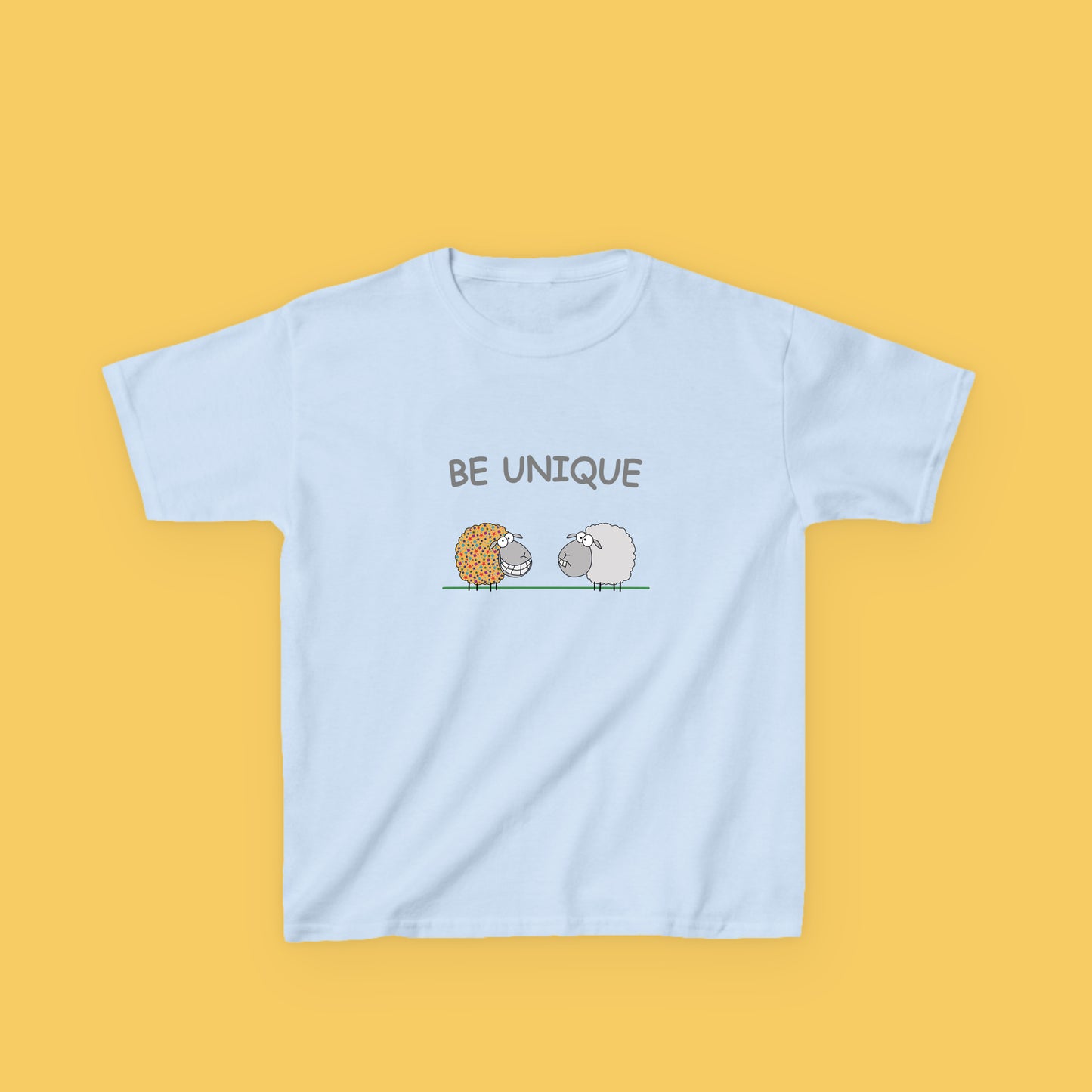 Cotton Shirt with Colorful Cute Sheep And Inspirational Message Be Unique Illustration