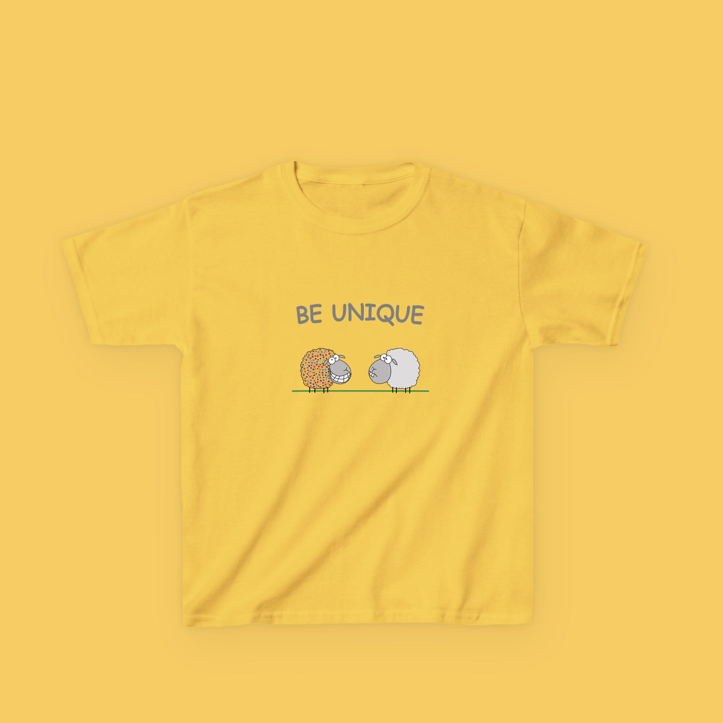 Cotton Shirt with Colorful Cute Sheep And Inspirational Message Be Unique Illustration