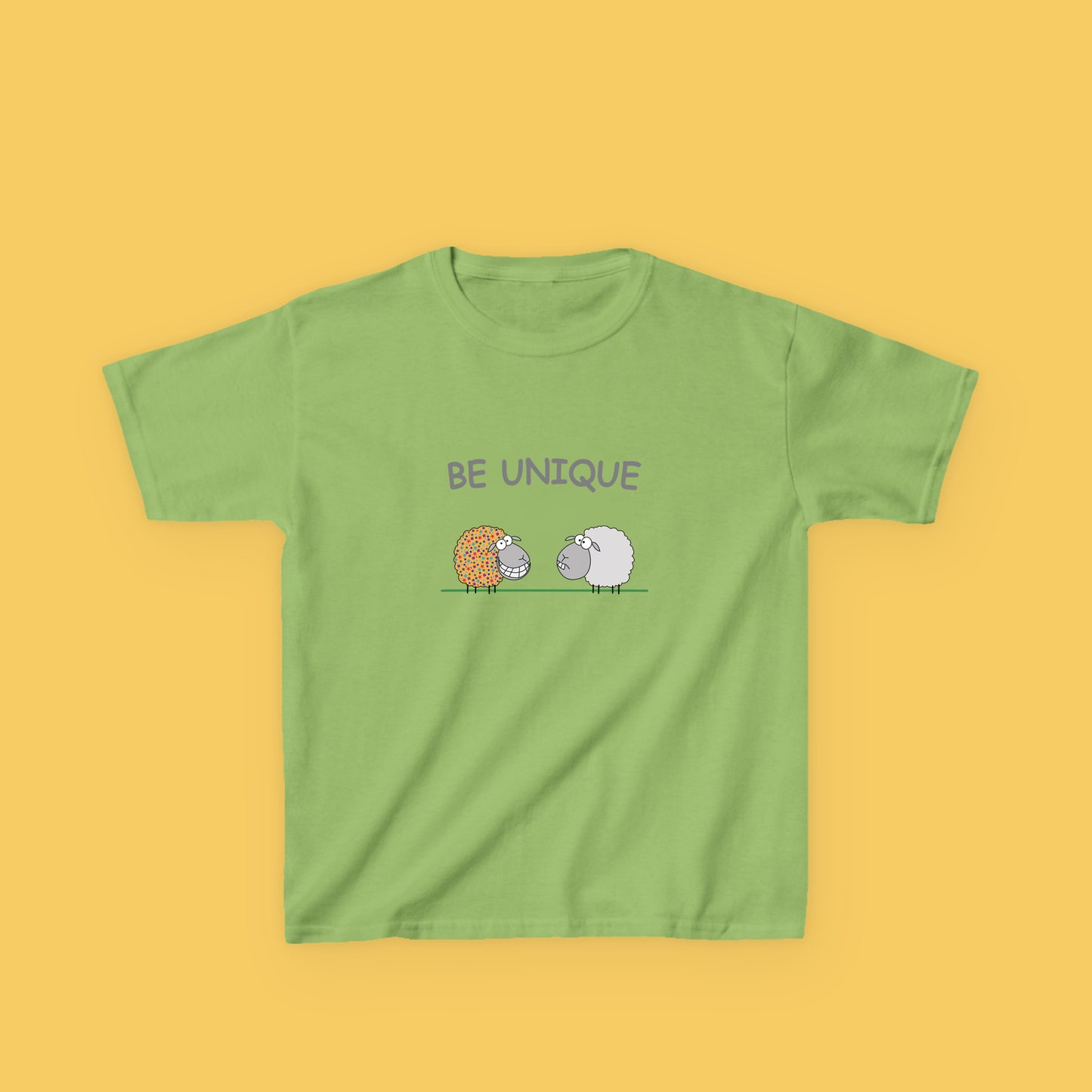 Cotton Shirt with Colorful Cute Sheep And Inspirational Message Be Unique Illustration