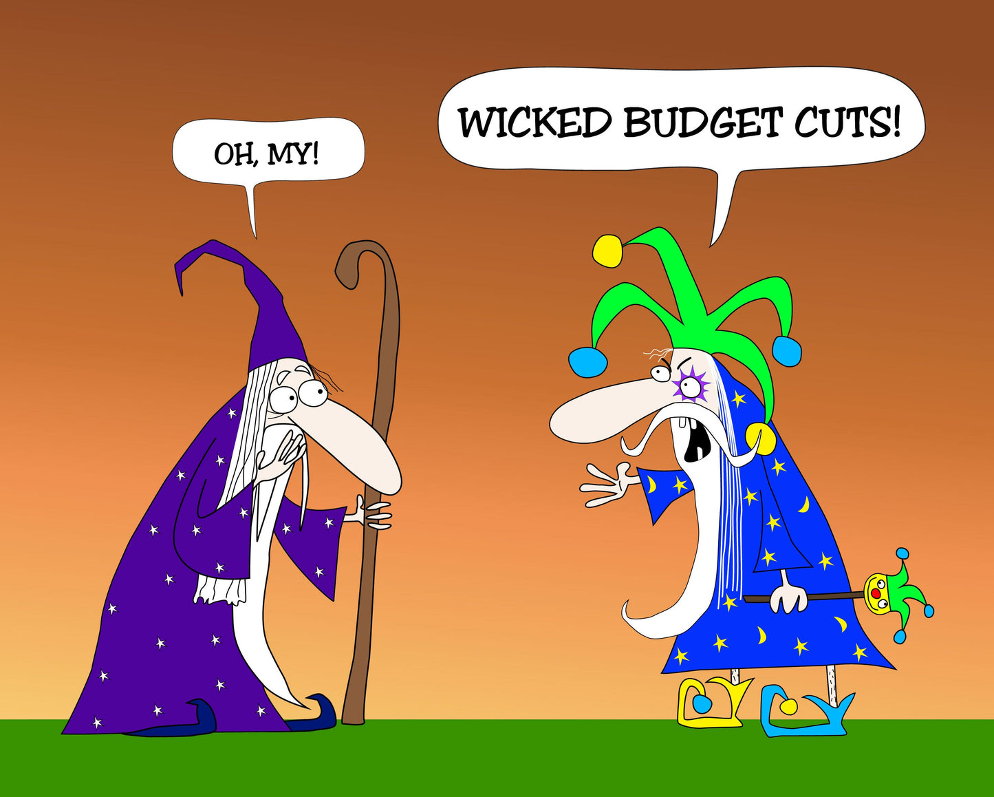 Real Economy Joke With Two Funny Wizards And Jester And The Budget Cuts And Management cartoon print