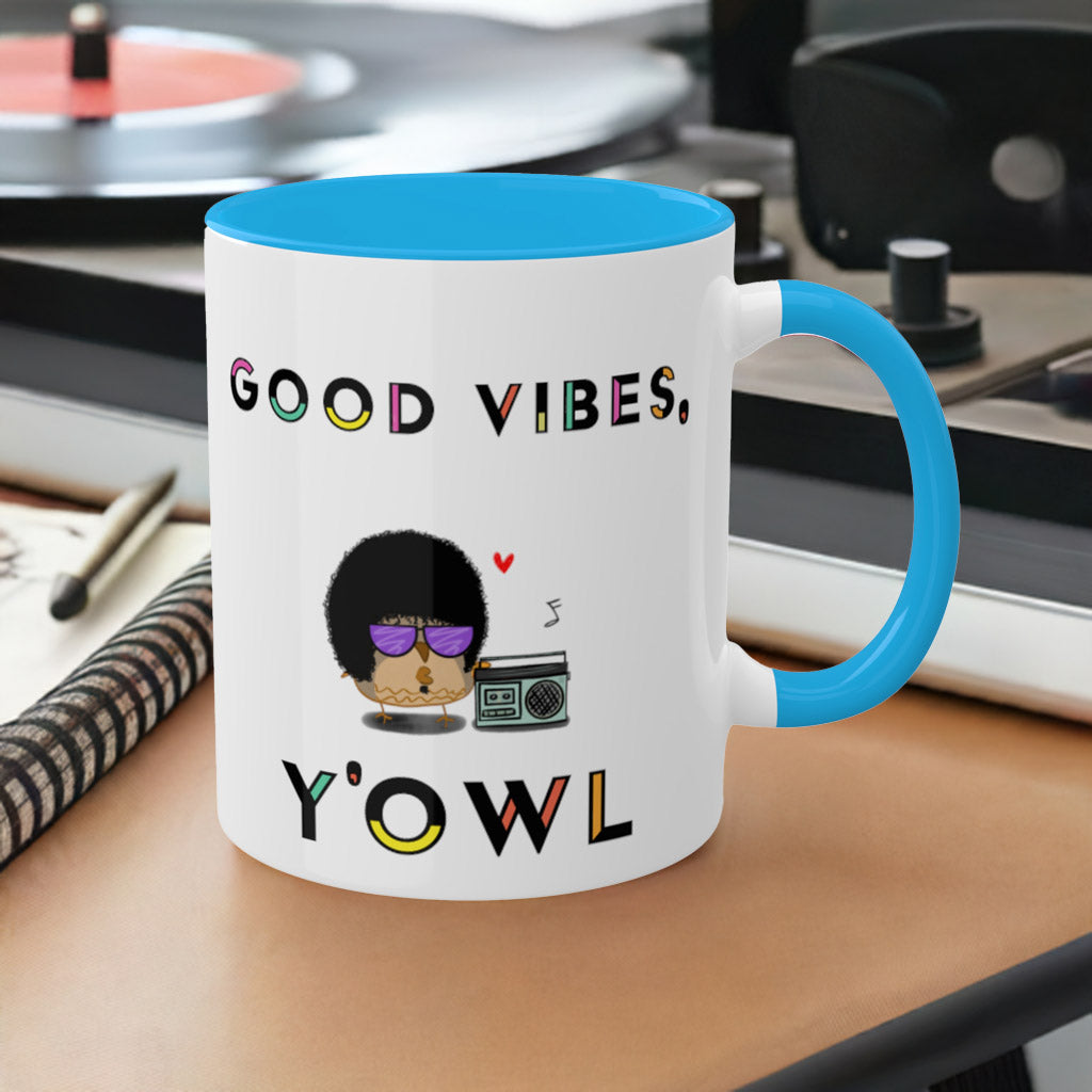 Funny Mug Good Vibes 70s and 80's Afro Style Owl With A Boombox Hip-Hop R&B Reggae Music For Dads