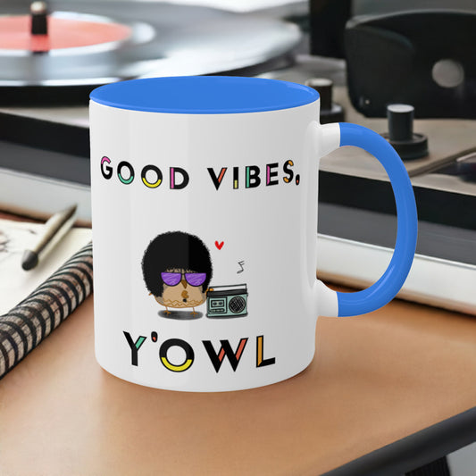 Funny Mug Good Vibes 70s and 80's Afro Style Owl With A Boombox Hip-Hop R&B Reggae Music For Dads