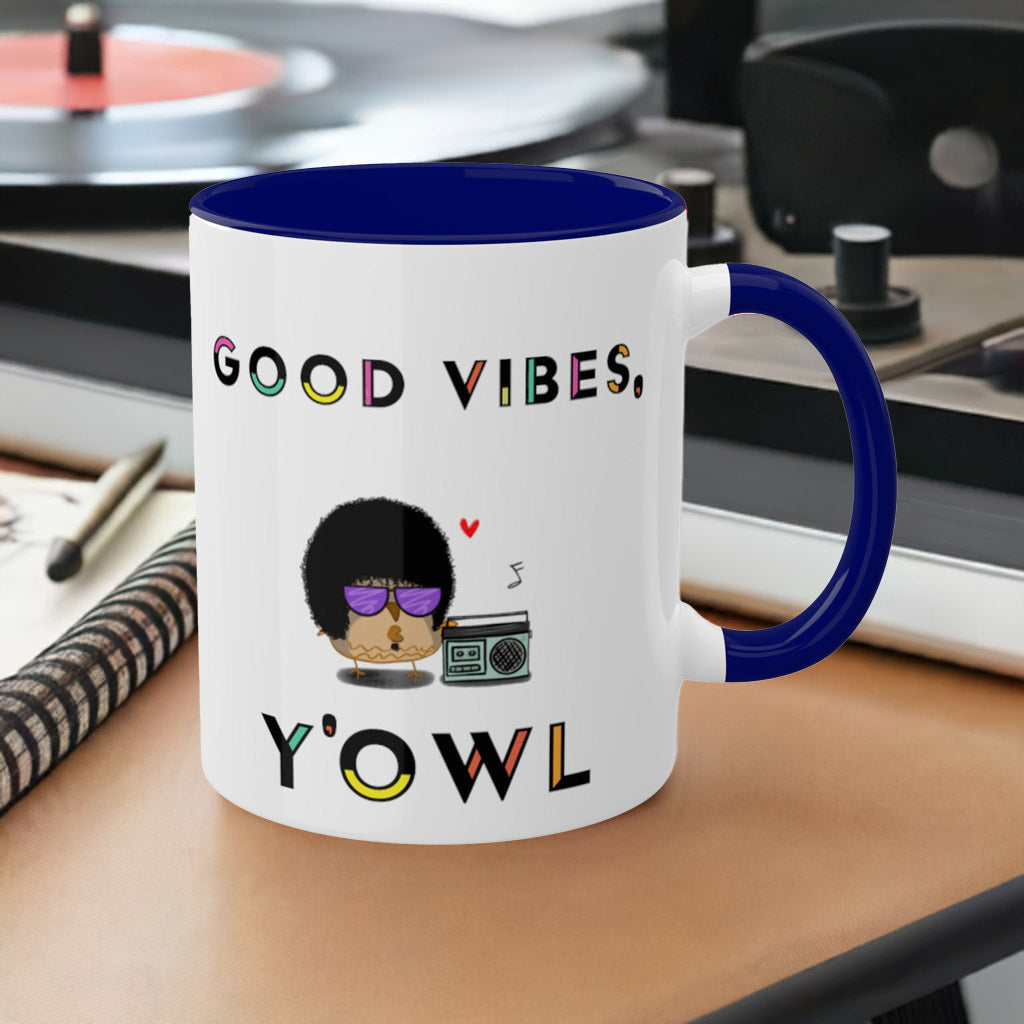 Funny Mug Good Vibes 70s and 80's Afro Style Owl With A Boombox Hip-Hop R&B Reggae Music For Dads