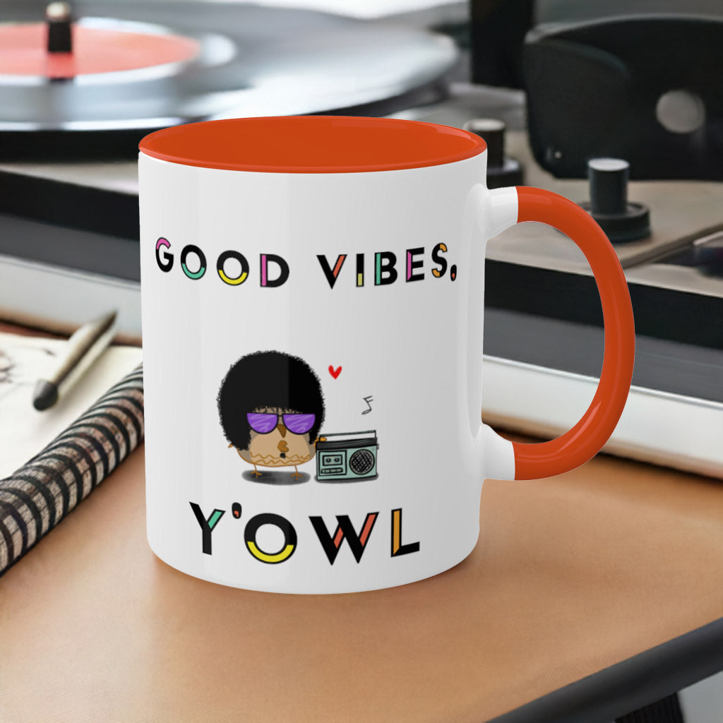 Funny Mug Good Vibes 70s and 80's Afro Style Owl With A Boombox Hip-Hop R&B Reggae Music For Dads