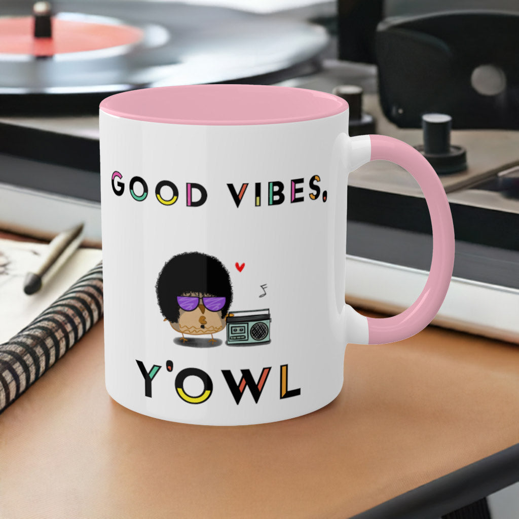 Funny Mug Good Vibes 70s and 80's Afro Style Owl With A Boombox Hip-Hop R&B Reggae Music For Dads