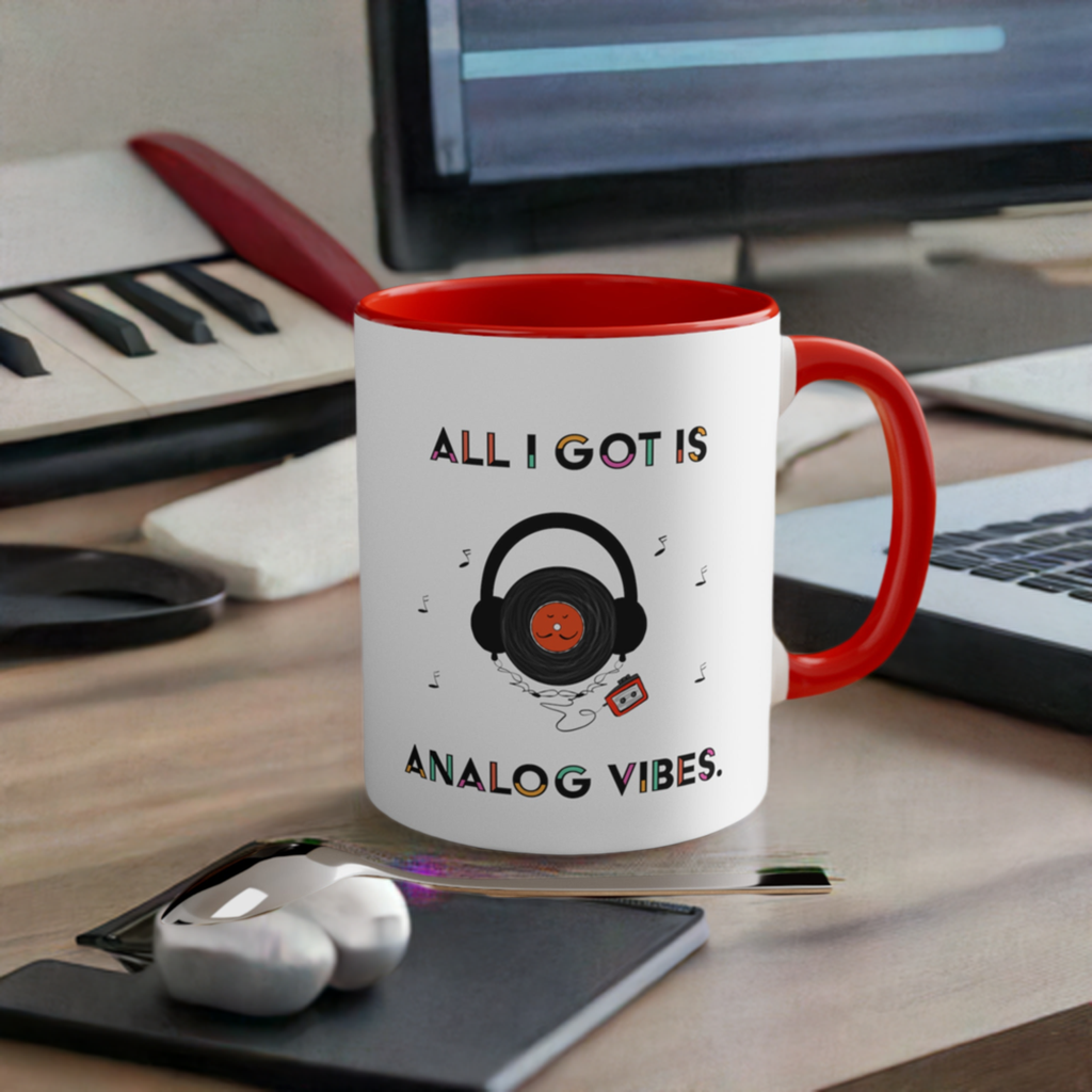 Good Vibes And Music Coffee Mug For Audiophile With A Cartoon Vinyl And Walkman Cassette Player joke 70' and 80's Music